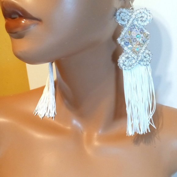 Silver Sequin And White Tassels Long Earrings, Long Silver Earrings - Picture 4 of 4